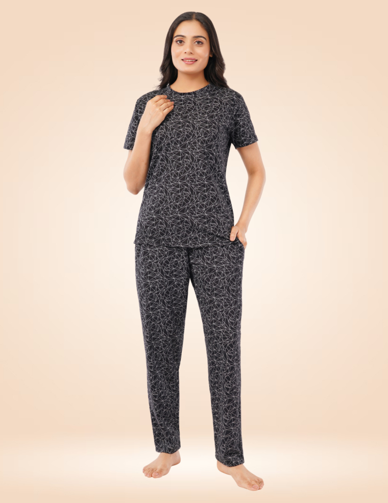 Graphite Bloom Cotton Pyjama set - Midnight Black