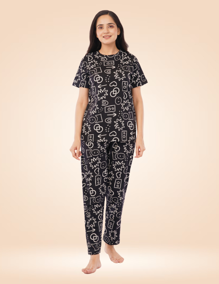 Midnight Doodle Cotton Pyjama Set - Black