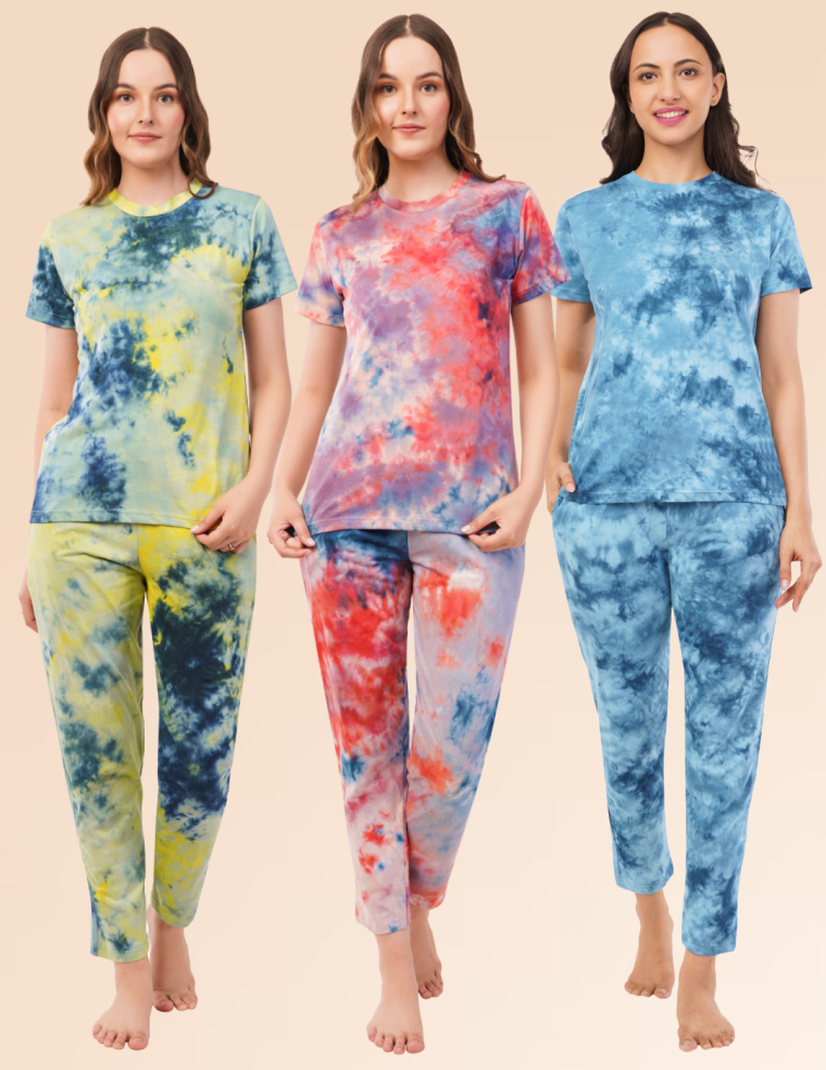 Tie-Dye Women Nightwear Combo (Pack of 3) - Orange, White & Blue Coral + Yellow & Blue Coral + Blue Coral