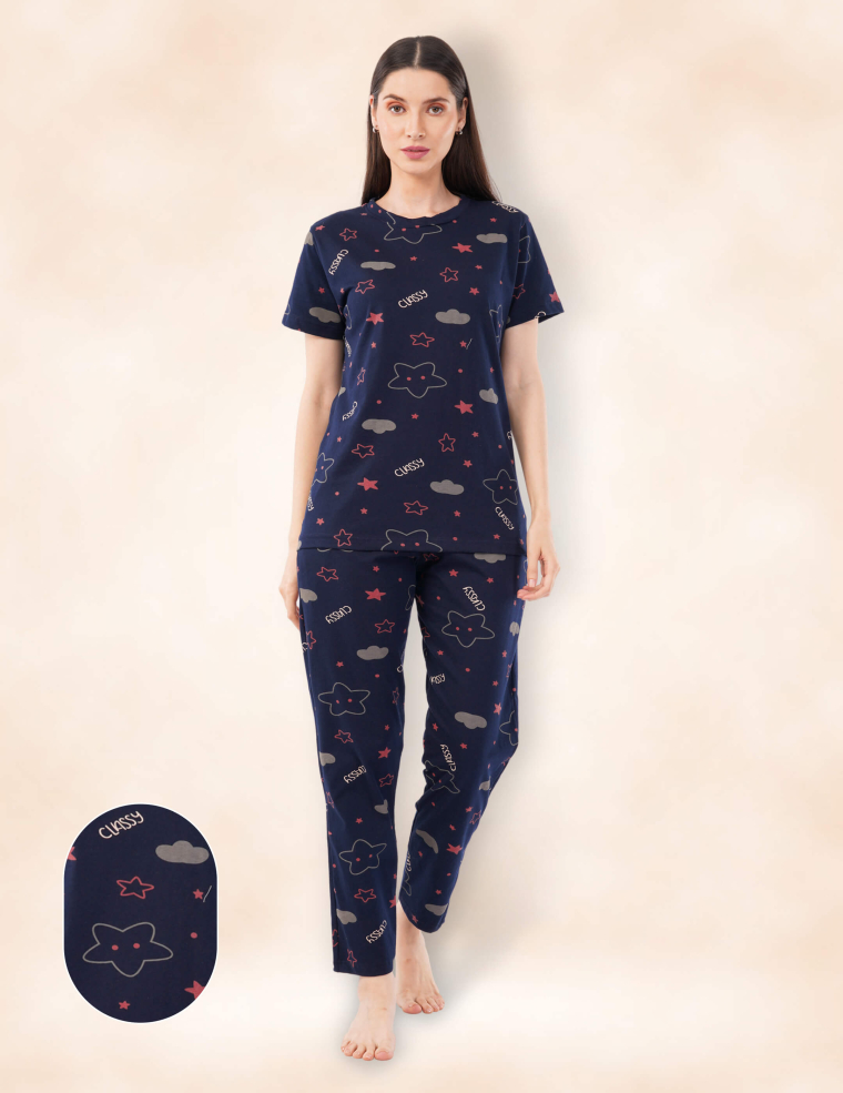 Midnight Star Cotton Pyjama Set – Navy Blue