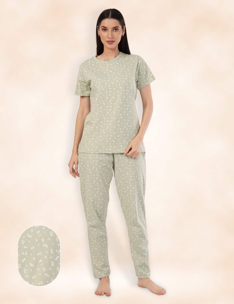 Meadow Whisper Cotton Floral Pyjama Set - Sage Green