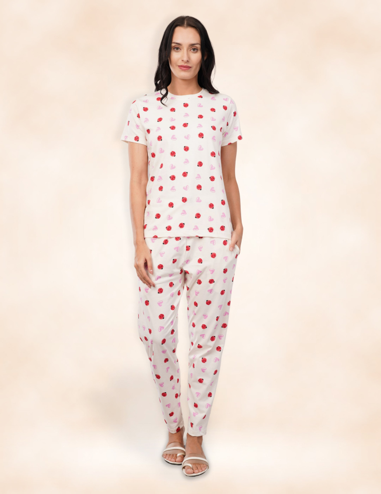 Sweetheart Blossoms Cotton Pyjama Set - Light Beige