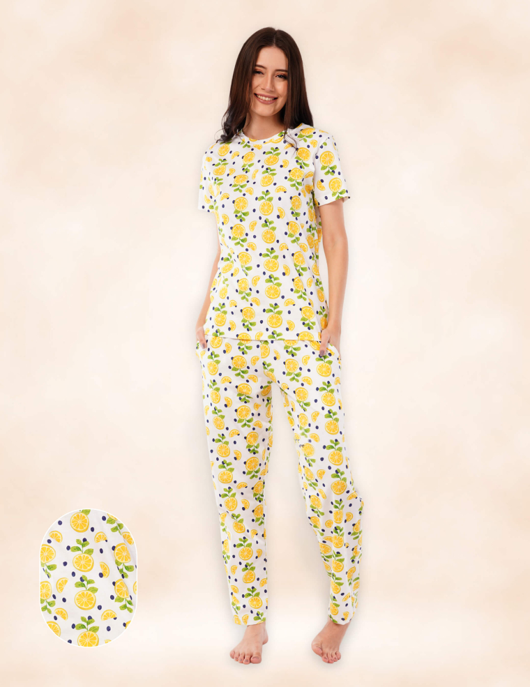 Zesty Lemon Cotton Pyjama Set – White