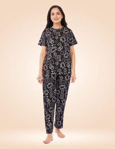 Midnight Doodle Cotton Pyjama Set - Black