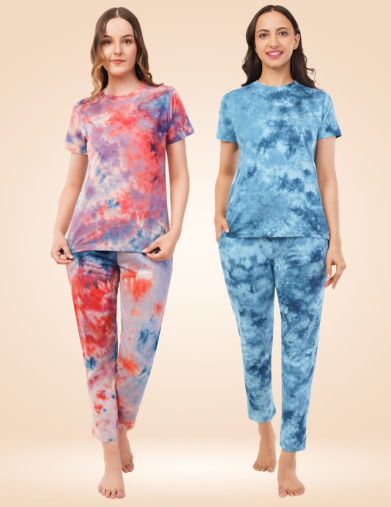 Tie-Dye Women Nightwear Combo (Pack of 2) – Orange, White & Blue Coral + Blue Coral 