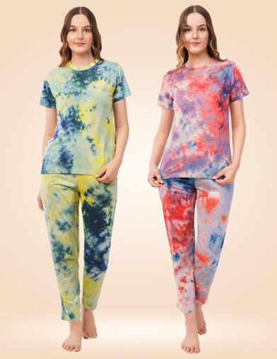 Tie-Dye Women Nightwear Combo (Pack of 2) – Orange, White & Blue Coral + Yellow & Blue Coral