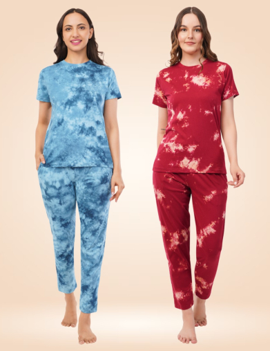 Tie-Dye Women Nightwear Combo (Pack of 2) – Red & White Coral + Blue Coral 