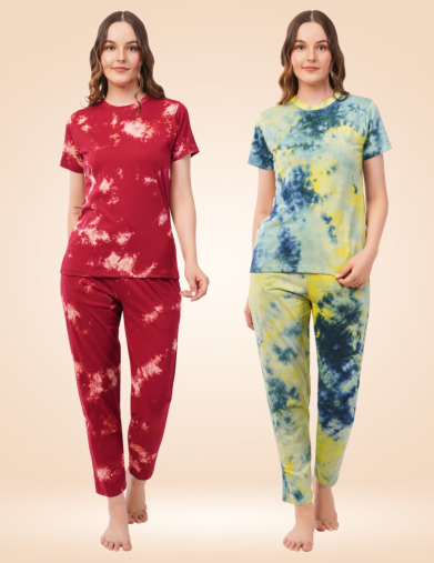 Tie-Dye Women Nightwear Combo (Pack of 2) – Red & White Coral + Yellow & Blue Coral