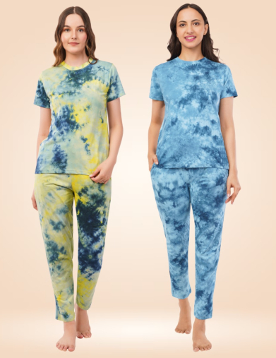 Tie-Dye Women Nightwear Combo (Pack of 2) – Yellow & Blue Coral + Blue Coral