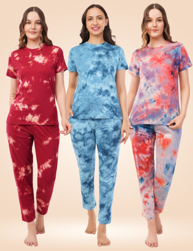Tie-Dye Women Nightwear Combo (Pack of 3) - Orange, White & Blue Coral + Red & White Coral + Blue Coral