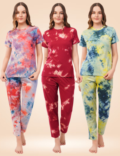 Tie-Dye Women Nightwear Combo (Pack of 3) - Orange, White & Blue Coral + Red & White Coral + Yellow & Blue Coral