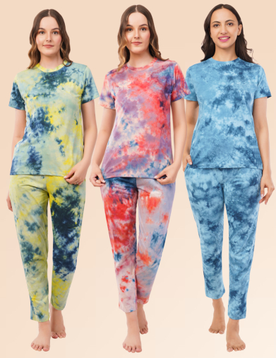Tie-Dye Women Nightwear Combo (Pack of 3) - Orange, White & Blue Coral + Yellow & Blue Coral + Blue Coral