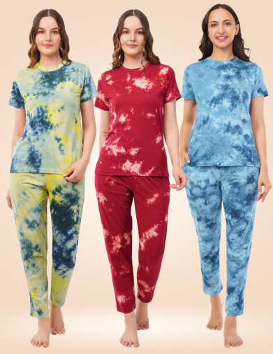 Tie-Dye Women Nightwear Combo (Pack of 3) - Yellow & Blue Coral + Blue Coral + Red & White Coral
