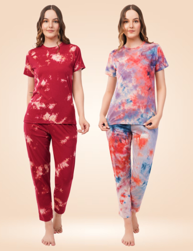 Tie-Dye Women Nightwear Combo (Pack of 2) – Orange, White & Blue Coral + Red & White Coral