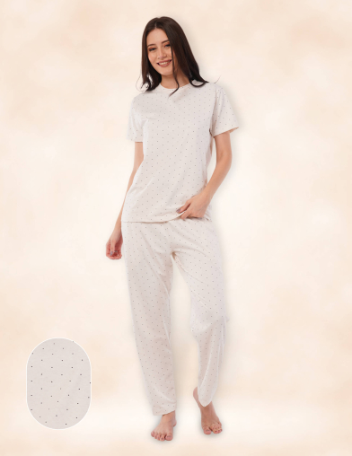 Moon Dot Cotton Pyjama Set - Light Beige
